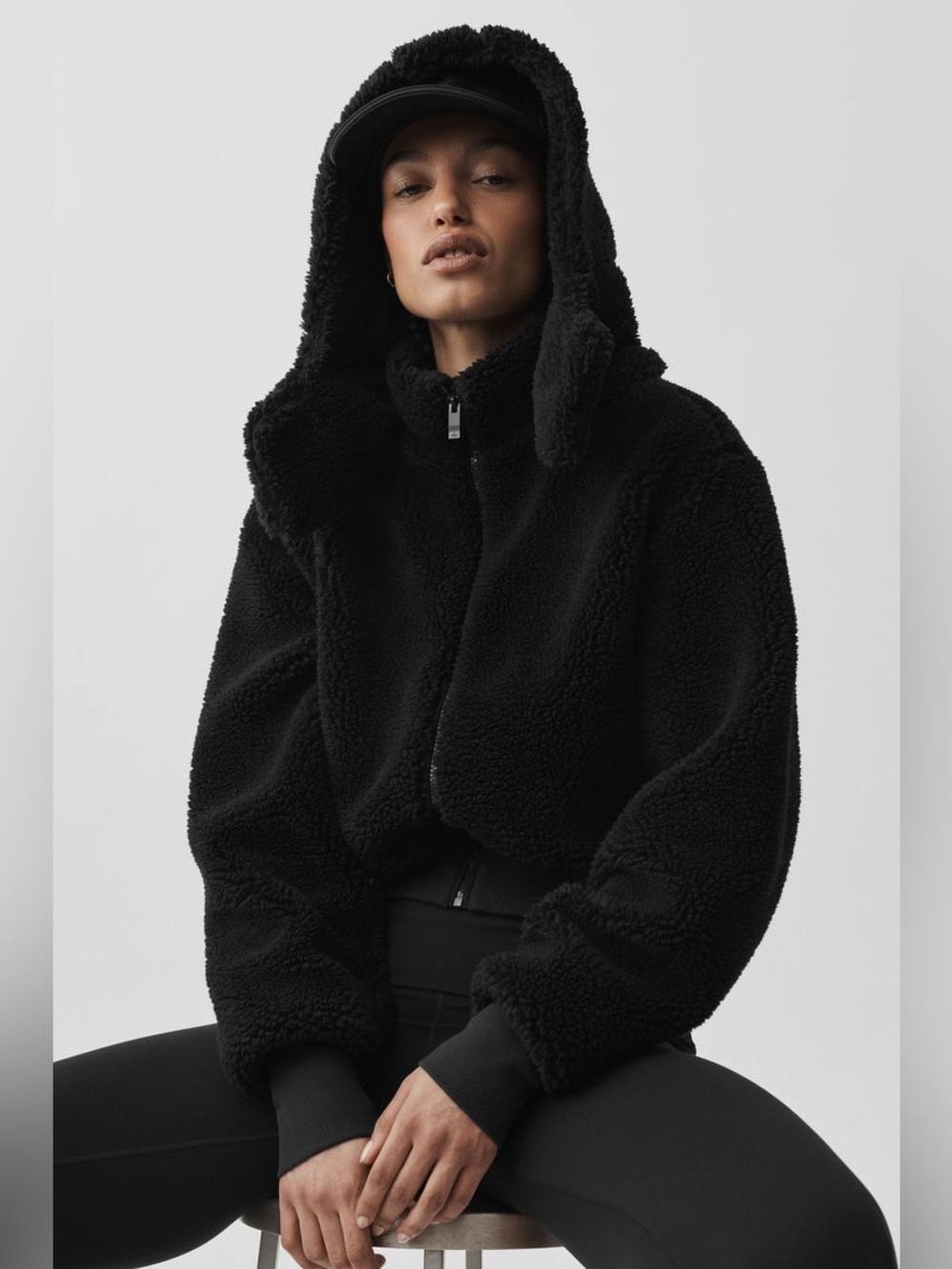 ALO YOGA Black Foxy Sherpa Black Hooded Jacket